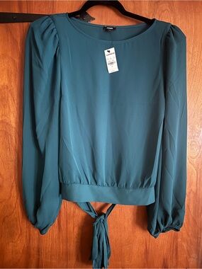 Express Teal Puff-Sleeve Tie-Back Blouse